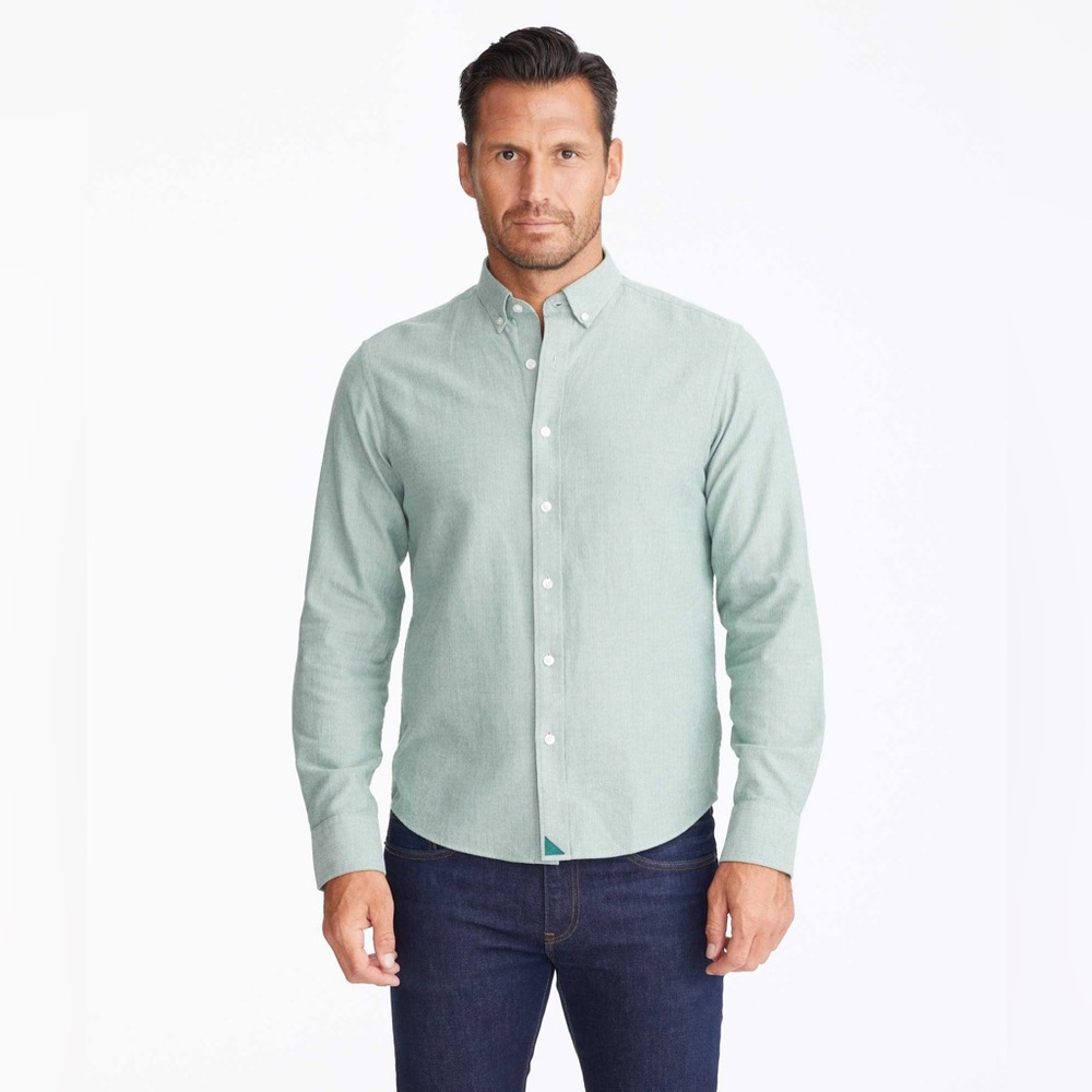 UNTUCKit mens S Small regular fit green herringbone librando button up shirt EUC